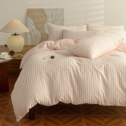 91家纺网 家纺一手货源 找家纺 （总）恩和家纺 2025新款水洗棉提花条纹四件套