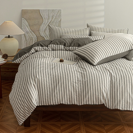 91家纺网 家纺一手货源 找家纺 （总）恩和家纺 2025新款水洗棉提花条纹四件套