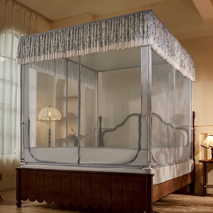 91家纺网 家纺一手货源 找家纺 （总）2025新款花边蚊帐儿童防摔三开门高雅加粗支架蒙古包婴儿防止掉床床笠回底