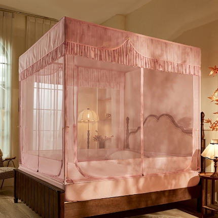 91家纺网 家纺一手货源 找家纺 （总）2025新款花边蚊帐儿童防摔三开门高雅加粗支架蒙古包婴儿防止掉床床笠回底