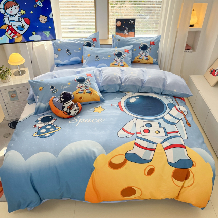 91家纺网 家纺一手货源 找家纺 （总）孩子王 2025新款亲肤活性大版纯棉专版太空人卡通学生儿童宿舍四件套系列