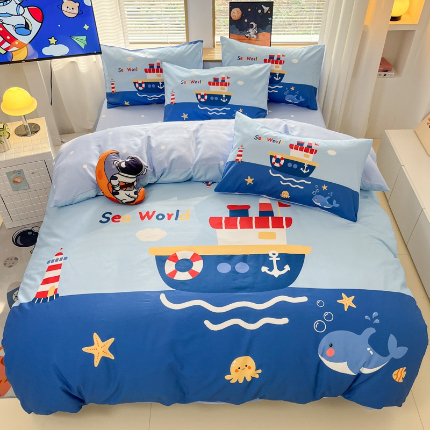 91家纺网 家纺一手货源 找家纺 （总）孩子王 2025新款亲肤活性大版纯棉专版太空人卡通学生儿童宿舍四件套系列