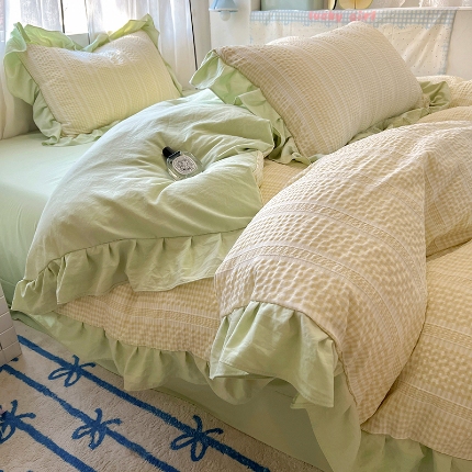 91家纺网 家纺一手货源 找家纺 （总）满座家居 2025直播爆款 韩版复古提花公主格四件套 亲肤云朵棉水洗棉四件套