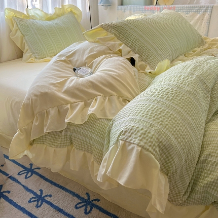 91家纺网 家纺一手货源 找家纺 （总）满座家居 2025直播爆款 韩版复古提花公主格四件套 亲肤云朵棉水洗棉四件套