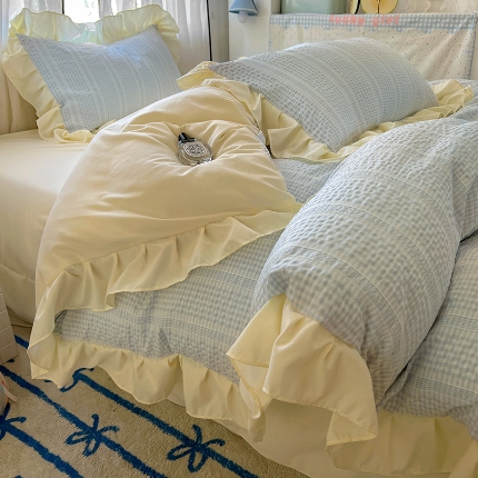 91家纺网 家纺一手货源 找家纺 （总）满座家居 2025直播爆款 韩版复古提花公主格四件套 亲肤云朵棉水洗棉四件套