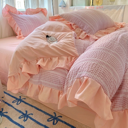 91家纺网 家纺一手货源 找家纺 （总）满座家居 2025直播爆款 韩版复古提花公主格四件套 亲肤云朵棉水洗棉四件套