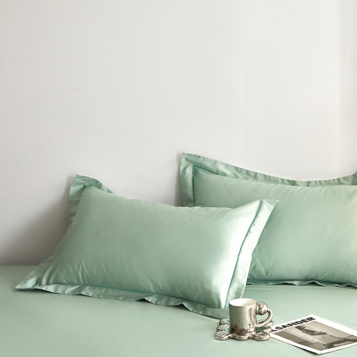 91家纺网 家纺一手货源 找家纺 2025年新款100支纯棉长绒棉全棉贡缎纯色枕套 薄荷绿