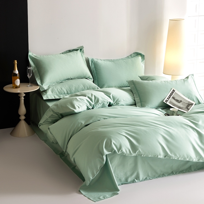 91家纺网 家纺一手货源 找家纺 2025年新款100S全棉贡缎纯色纯棉长绒棉被套单双人床 薄荷绿