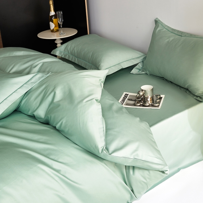 91家纺网 家纺一手货源 找家纺 2025年新款100S全棉贡缎纯色纯棉长绒棉被套单双人床 薄荷绿