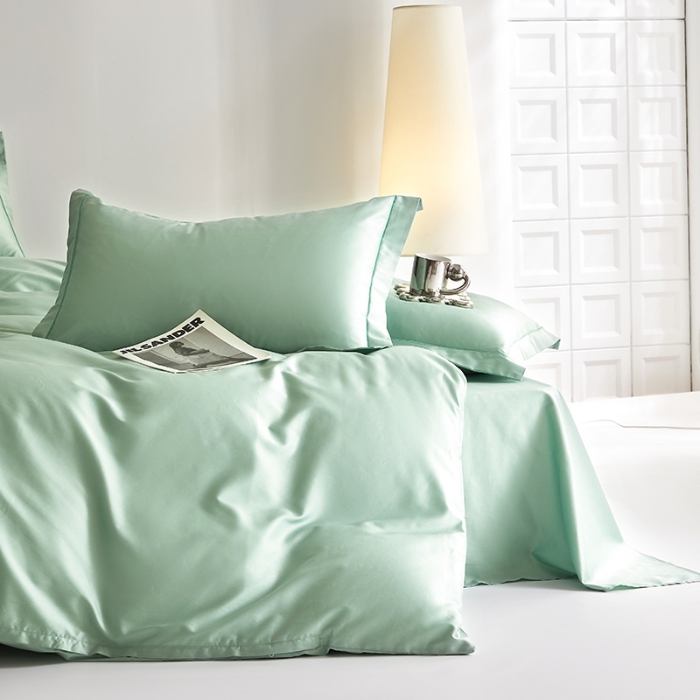 91家纺网 家纺一手货源 找家纺 2025年新款100S全棉贡缎纯色纯棉长绒棉被套单双人床 薄荷绿