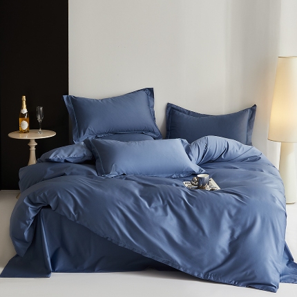 2025年新款100S全棉贡缎纯色纯棉长绒棉被套单双人床 宝石蓝