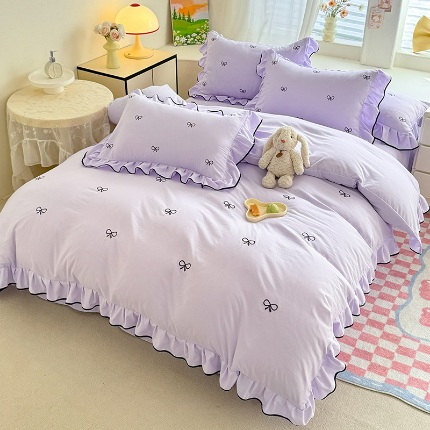 91家纺网 家纺一手货源 找家纺 （总）漫步云家纺2025春夏新品韩版花边超柔水洗棉四件套蝴蝶结刺绣全棉磨毛水洗棉麻双层纱色织水洗棉四件套