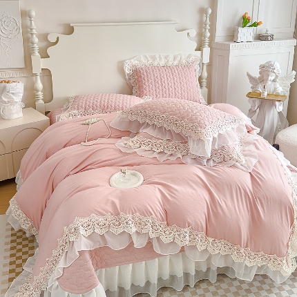 91家纺网 家纺一手货源 找家纺 （总）新款A类糯小棉法式蕾丝雪纺床盖三件套 法式花边四件套