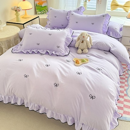 91家纺网 家纺一手货源 找家纺 （总）漫步云家纺2025春夏新品韩版花边超柔水洗棉四件套蝴蝶结刺绣全棉磨毛水洗棉麻双层纱色织水洗棉四件套