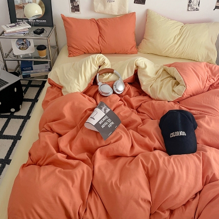 91家纺网 家纺一手货源 找家纺 （总）2025火热新品清新款纯色双拼水洗棉四件套床上用品