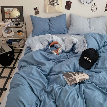 91家纺网 家纺一手货源 找家纺 （总）2025火热新品清新款纯色双拼水洗棉四件套床上用品