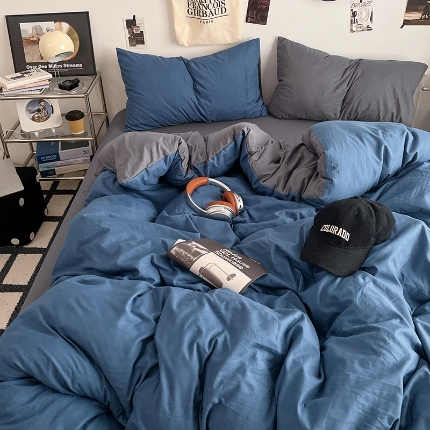 91家纺网 家纺一手货源 找家纺 （总）2025火热新品清新款纯色双拼水洗棉四件套床上用品