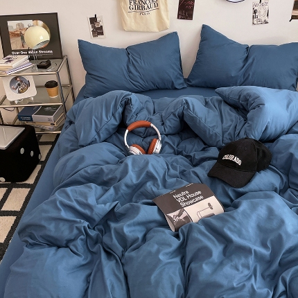 91家纺网 家纺一手货源 找家纺 （总）2025火热新品清新款纯色双拼水洗棉四件套床上用品