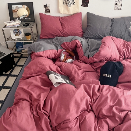 91家纺网 家纺一手货源 找家纺 （总）2025火热新品清新款纯色双拼水洗棉四件套床上用品