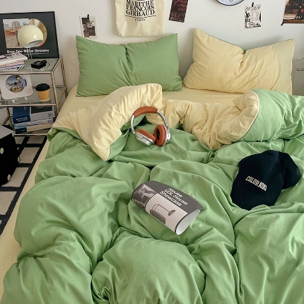 91家纺网 家纺一手货源 找家纺 （总）2025火热新品清新款纯色双拼水洗棉四件套床上用品