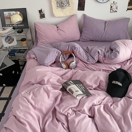 91家纺网 家纺一手货源 找家纺 （总）2025火热新品清新款纯色双拼水洗棉四件套床上用品