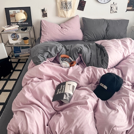 91家纺网 家纺一手货源 找家纺 （总）2025火热新品清新款纯色双拼水洗棉四件套床上用品