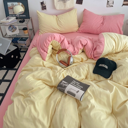 91家纺网 家纺一手货源 找家纺 （总）2025火热新品清新款纯色双拼水洗棉四件套床上用品