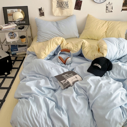 91家纺网 家纺一手货源 找家纺 （总）2025火热新品清新款纯色双拼水洗棉四件套床上用品