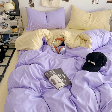 91家纺网 家纺一手货源 找家纺 （总）2025火热新品清新款纯色双拼水洗棉四件套床上用品