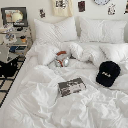 91家纺网 家纺一手货源 找家纺 （总）2025火热新品清新款纯色双拼水洗棉四件套床上用品