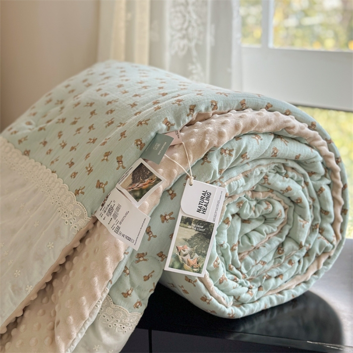 91家纺网 家纺一手货源 找家纺 （总）U被家纺 2025新款全棉婴儿皱皱纱布法式贴边豆豆被被子被芯