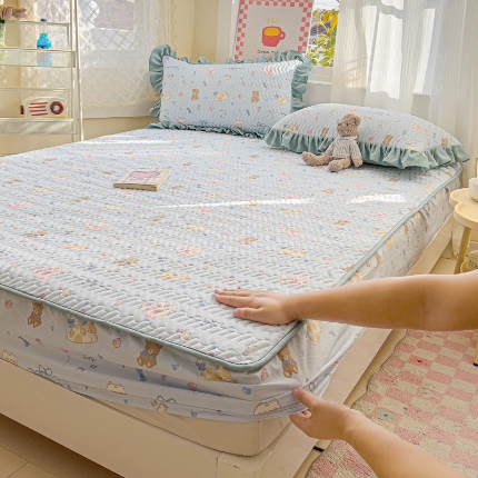 纽缦家纺 2025新款云朵提花双层纱夹棉绗缝床笠 小猫时光蓝