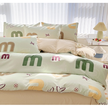 91家纺网 家纺一手货源 找家纺 （总）2025新颖春夏季款ins青春绿动卡通风磨毛水洗棉四件套床上用品