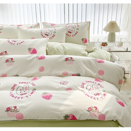 91家纺网 家纺一手货源 找家纺 （总）2025新颖春夏季款ins青春绿动卡通风磨毛水洗棉四件套床上用品