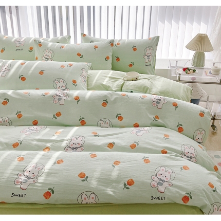 91家纺网 家纺一手货源 找家纺 （总）2025新颖春夏季款ins青春绿动卡通风磨毛水洗棉四件套床上用品
