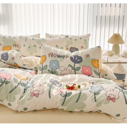 91家纺网 家纺一手货源 找家纺 （总）2025新颖春夏季款ins青春绿动卡通风磨毛水洗棉四件套床上用品