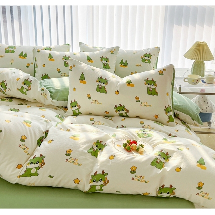91家纺网 家纺一手货源 找家纺 （总）2025新颖春夏季款ins青春绿动卡通风磨毛水洗棉四件套床上用品