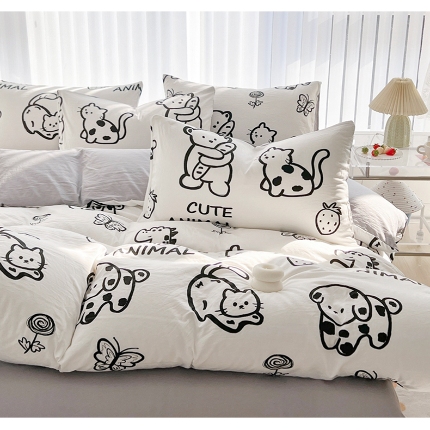 91家纺网 家纺一手货源 找家纺 （总）2025新颖春夏季款ins青春绿动卡通风磨毛水洗棉四件套床上用品