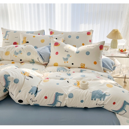 91家纺网 家纺一手货源 找家纺 （总）2025新颖春夏季款ins青春绿动卡通风磨毛水洗棉四件套床上用品