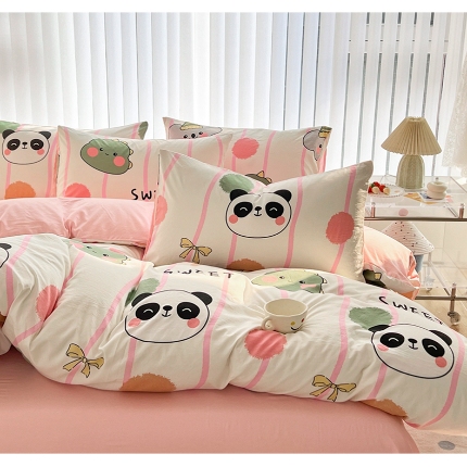 91家纺网 家纺一手货源 找家纺 （总）2025新颖春夏季款ins青春绿动卡通风磨毛水洗棉四件套床上用品