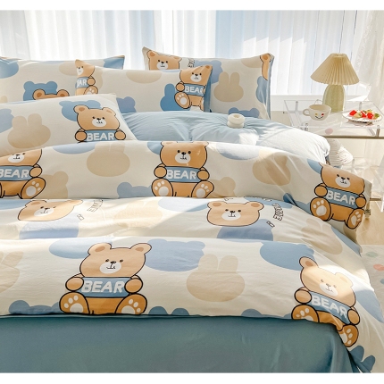 91家纺网 家纺一手货源 找家纺 （总）2025新颖春夏季款ins青春绿动卡通风磨毛水洗棉四件套床上用品