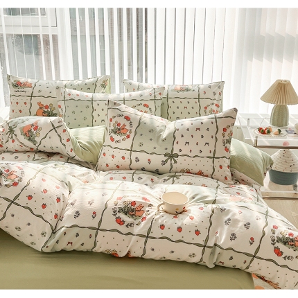 91家纺网 家纺一手货源 找家纺 （总）2025新颖春夏季款ins青春绿动卡通风磨毛水洗棉四件套床上用品