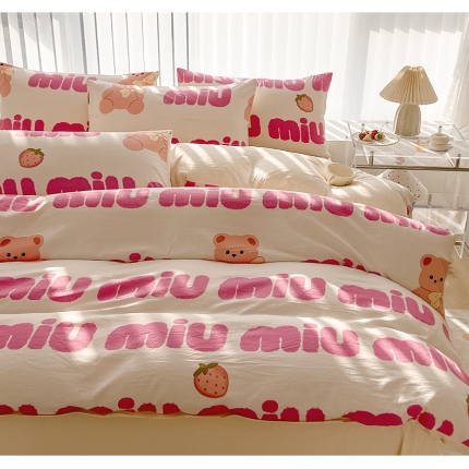 91家纺网 家纺一手货源 找家纺 （总）2025新颖春夏季款ins青春绿动卡通风磨毛水洗棉四件套床上用品