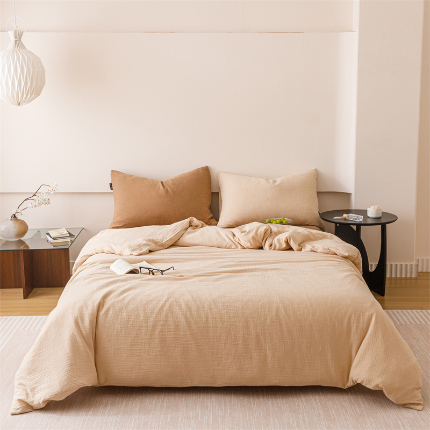 91家纺网 家纺一手货源 找家纺 （总）趣色家纺 2025新款全棉皱皱纱纯色四件套