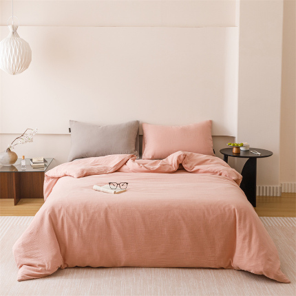 91家纺网 家纺一手货源 找家纺 （总）趣色家纺 2025新款全棉皱皱纱纯色四件套