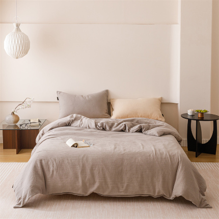 91家纺网 家纺一手货源 找家纺 （总）趣色家纺 2025新款全棉皱皱纱纯色四件套