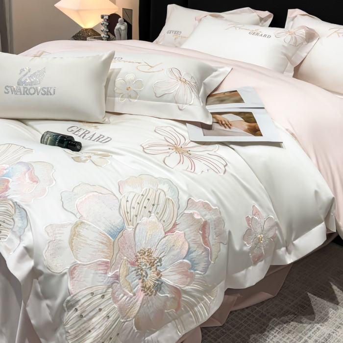 91家纺网 家纺一手货源 找家纺 （总）春夏新款50*50S贡缎长绒棉刺绣四件套高档礼盒纯棉床单床笠