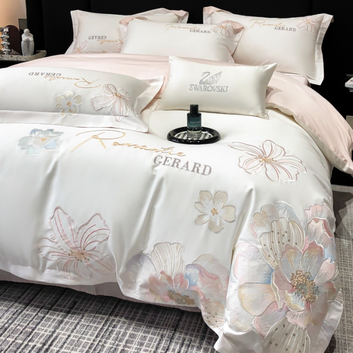 91家纺网 家纺一手货源 找家纺 春夏新款50*50S贡缎长绒棉刺绣四件套高档礼盒纯棉床单床笠 白拼粉-花漾-贡缎长绒棉