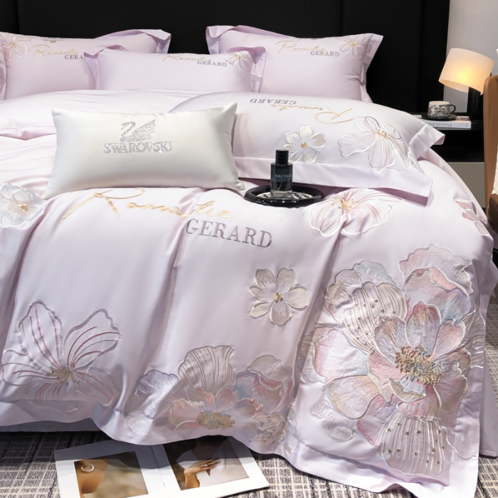 91家纺网 家纺一手货源 找家纺 春夏新款50*50S贡缎长绒棉刺绣四件套高档礼盒纯棉床单床笠 香芋紫-花漾-贡缎长绒棉