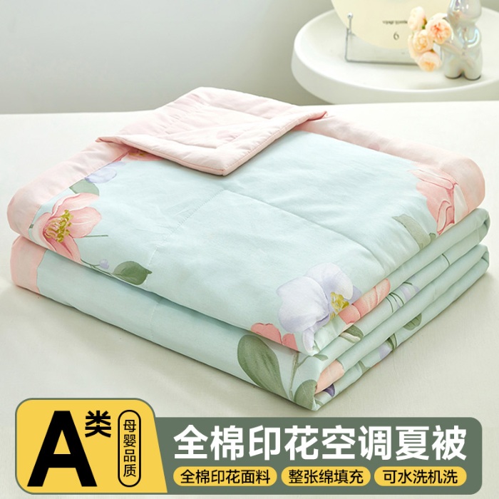 91家纺网 家纺一手货源 找家纺 美之润2025新款A类全棉印花夏被空调被夏凉被 云想花容(绿)